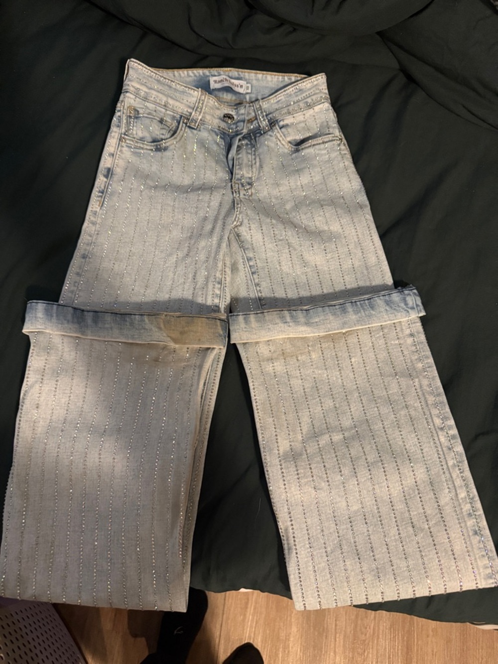 Rhinestone Stripe Light Blue Wide-Leg Jeans - Women